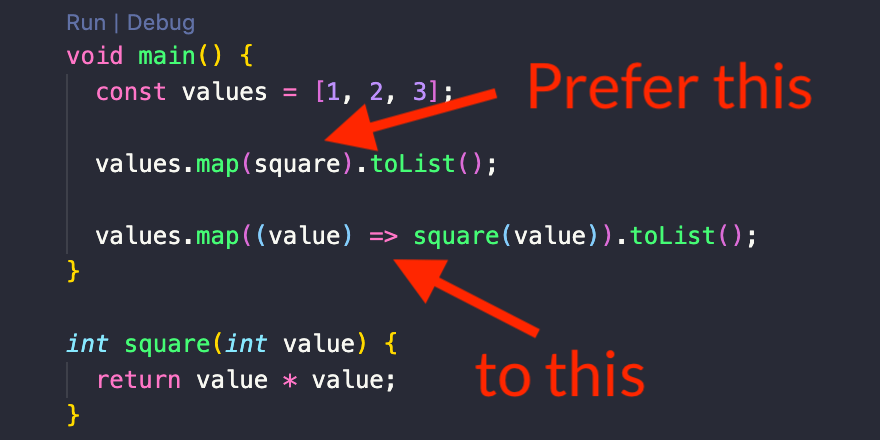 Functions are first class citizens in Dart, and they can be passed directly as arguments.