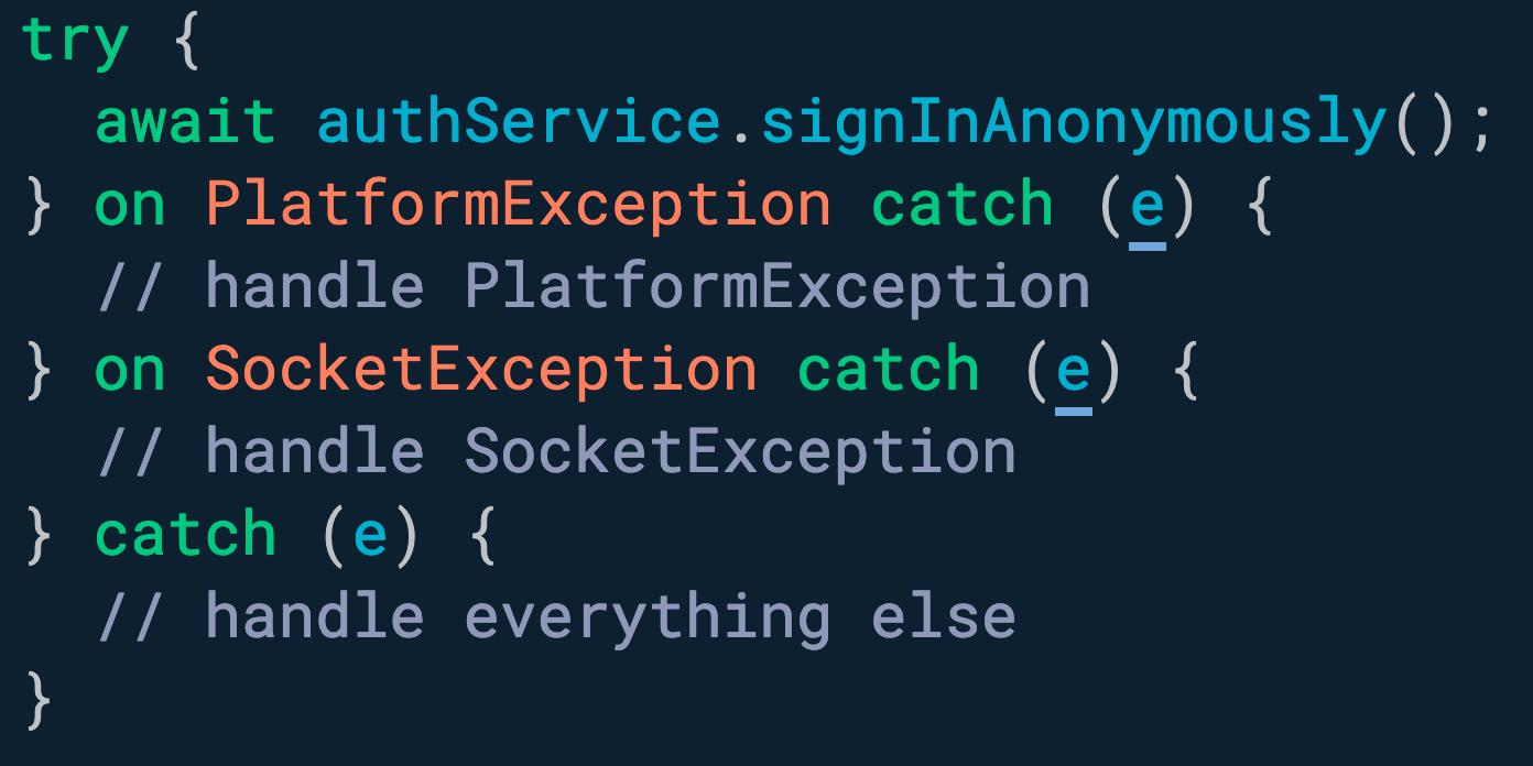 You can catch and handle exceptions by type with multiple `on` clauses.