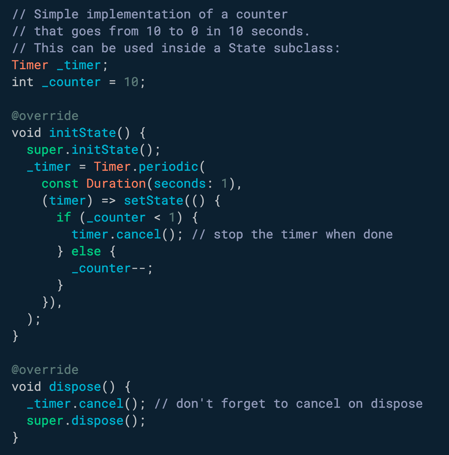 Use Timer.periodic to create a timer that repeats with a given period