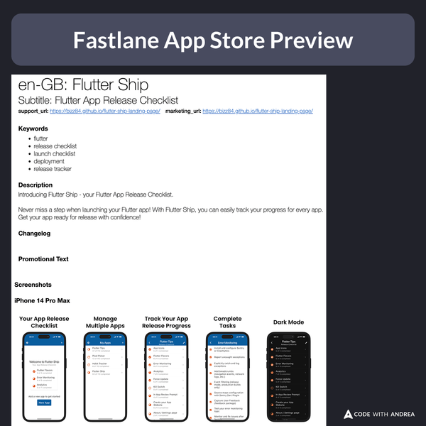 Fastlane App Store preview showing the metadata and screenshots