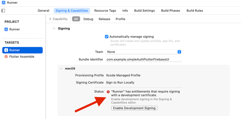 "Runner" has entitlements that require signing with a development certificate (Xcode)