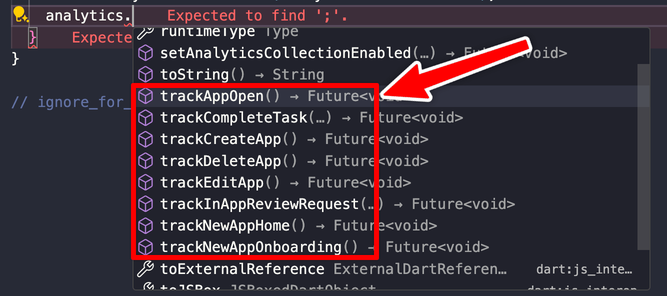Analytics methods auto-completion in VSCode