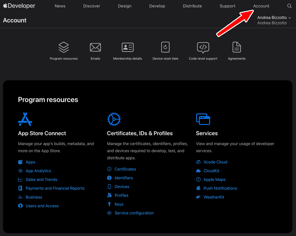 Apple Developer Account page