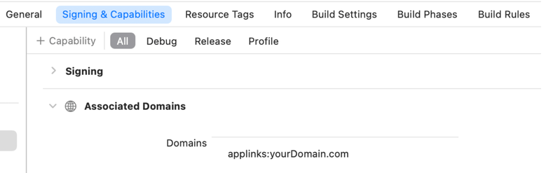 We can add an associated domain in the Signing & Capabilities tab in Xcode