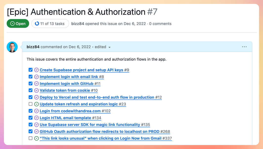 Example epic with list of tasks in GitHub