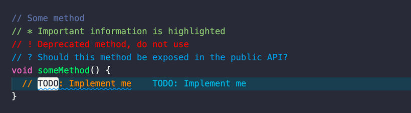 Highlighted comments with the Better Comments extension