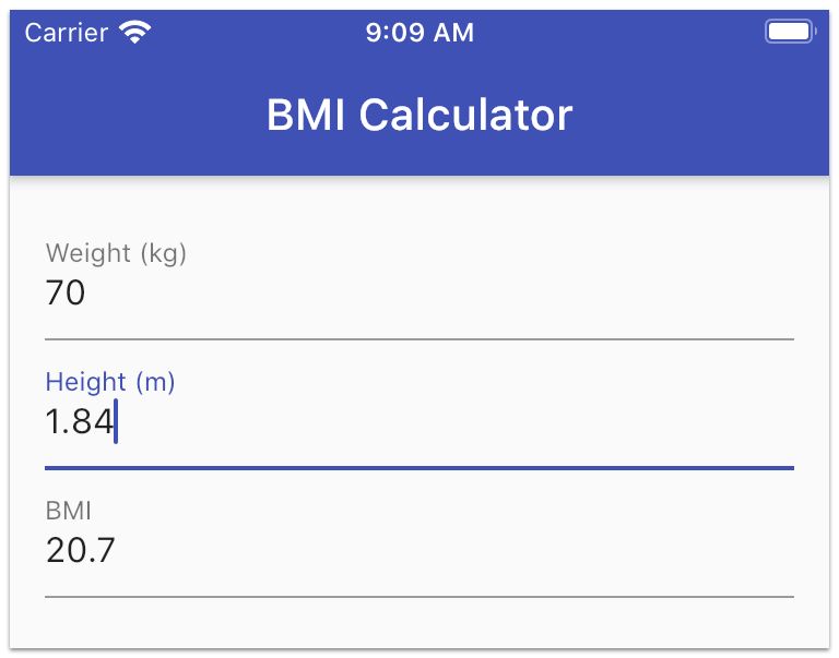 BMI calculator screenshot