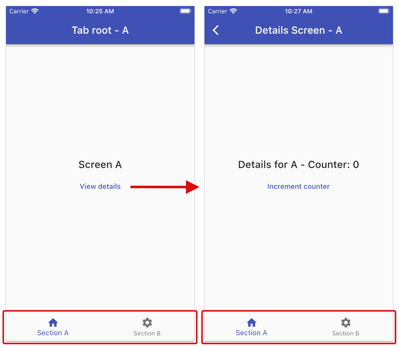 NavigationBar example with two tabs