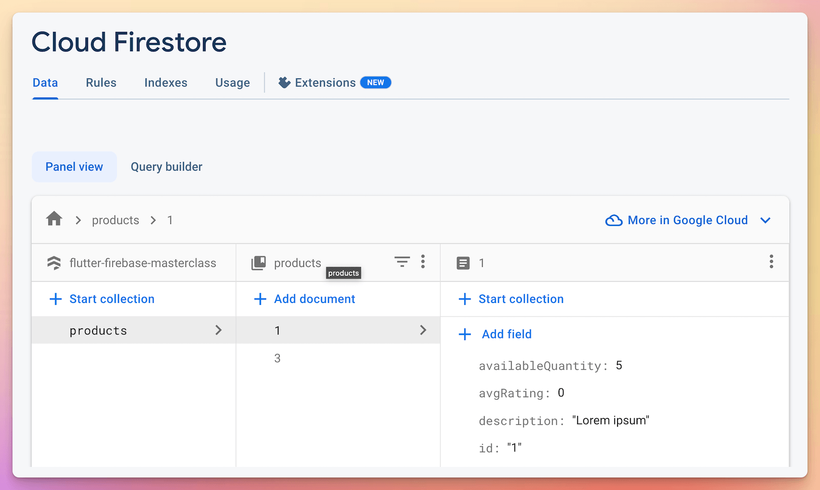 Cloud Firestore page in the Firebase console