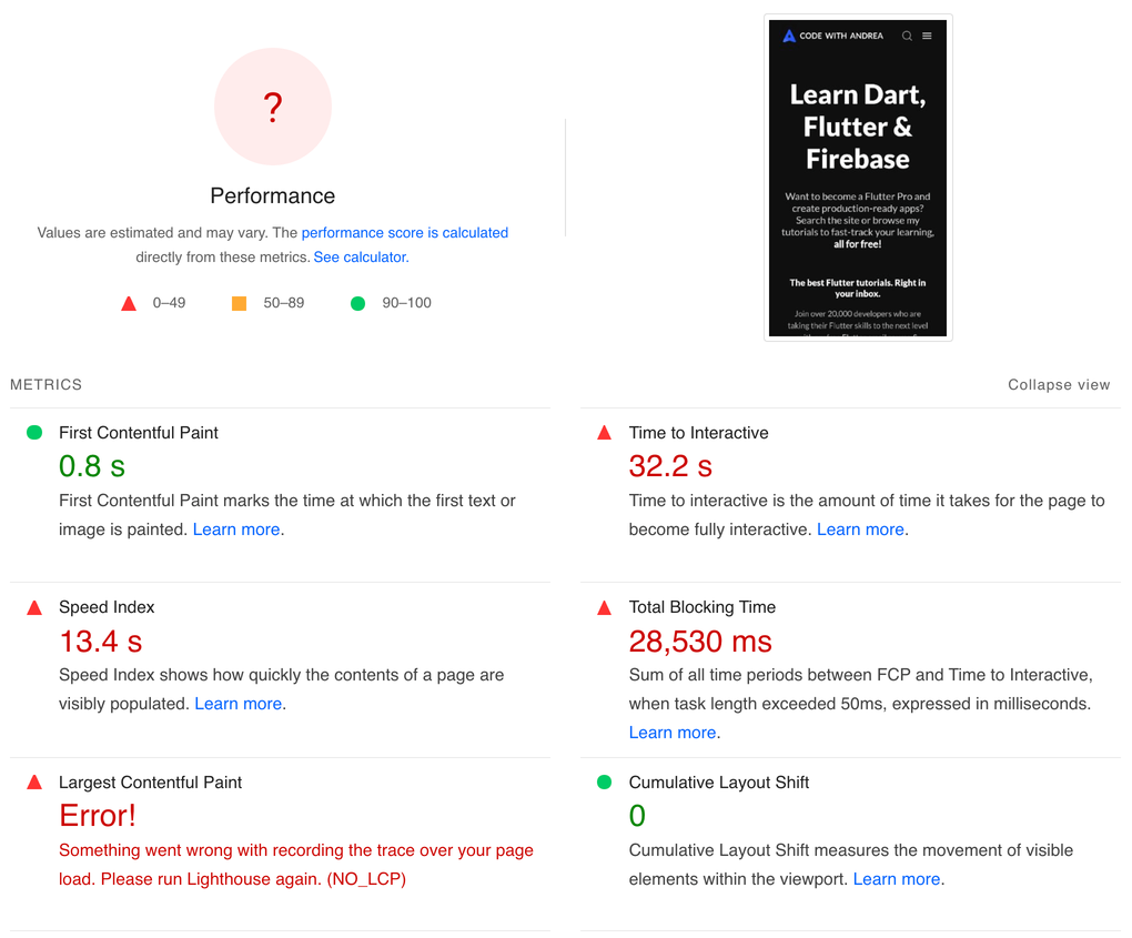 PageSpeed Insights Report (Flutter web - CanvasKit renderer, mobile)