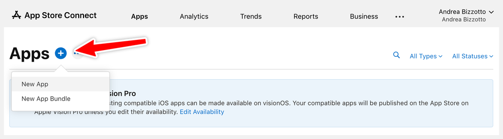 To create a new app, click the "+" button