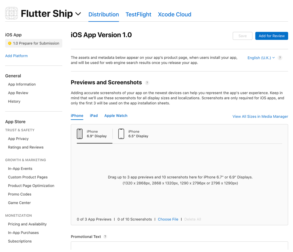 Main page for a new app in App Store Connect