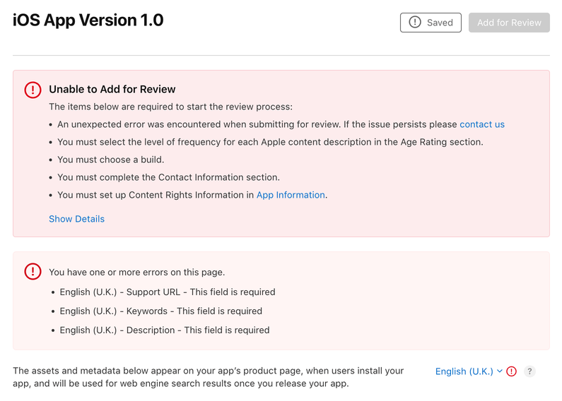 Warning about required items before the app can be added for review