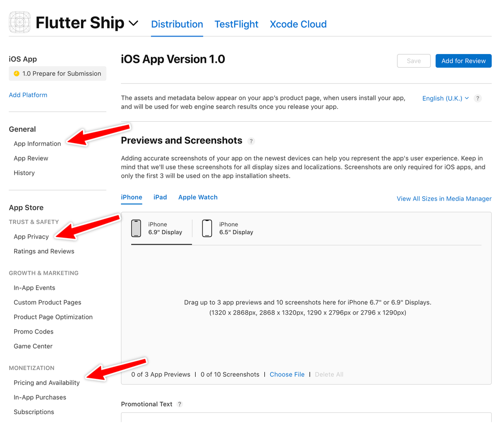 Fill all the data in "App Information", "App Privacy", "Pricing and Availability", before adding your app for review