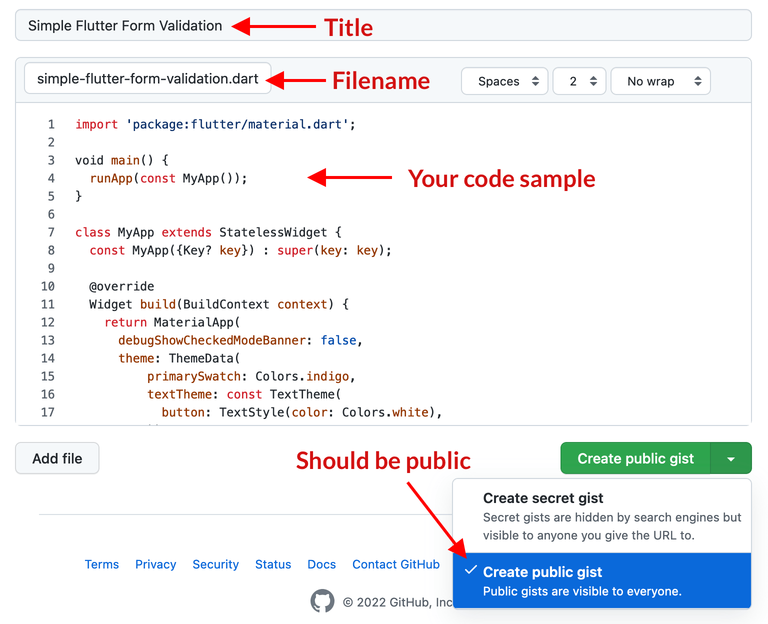 Creating a new public gist on GitHub