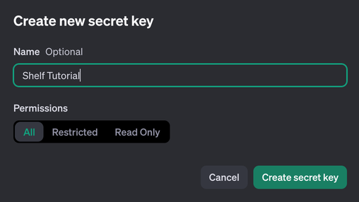 Creating a new secret key on the OpenAI dashboard