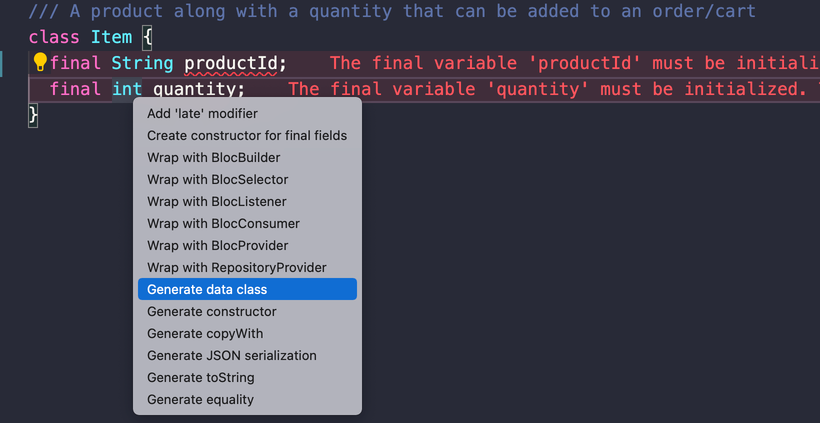 Using the quick fix shortcut to generate a data class