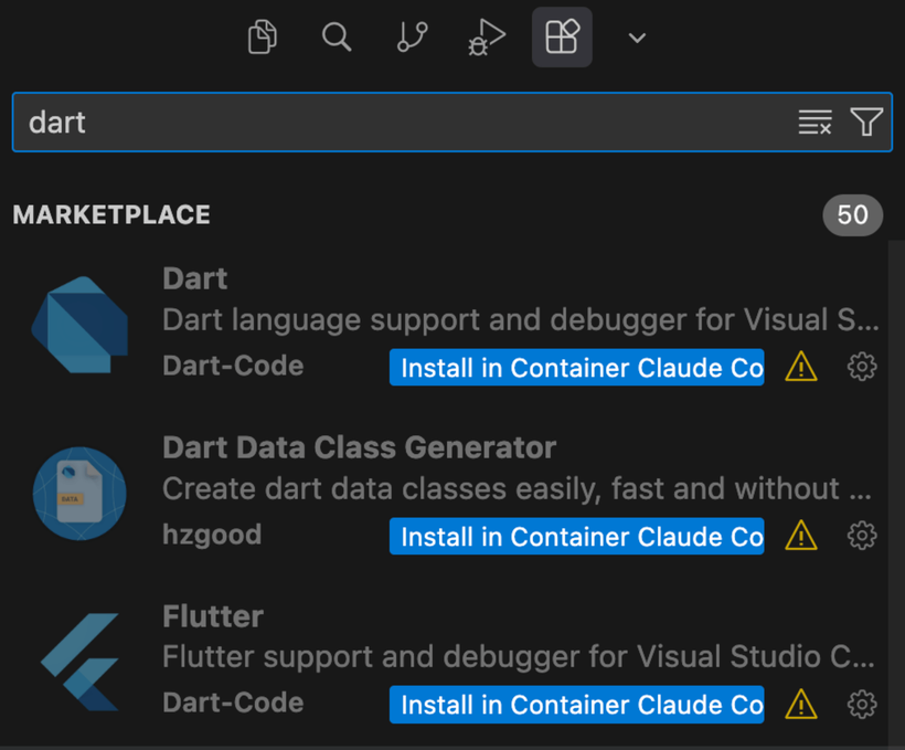 Install Dart extensions in the Container
