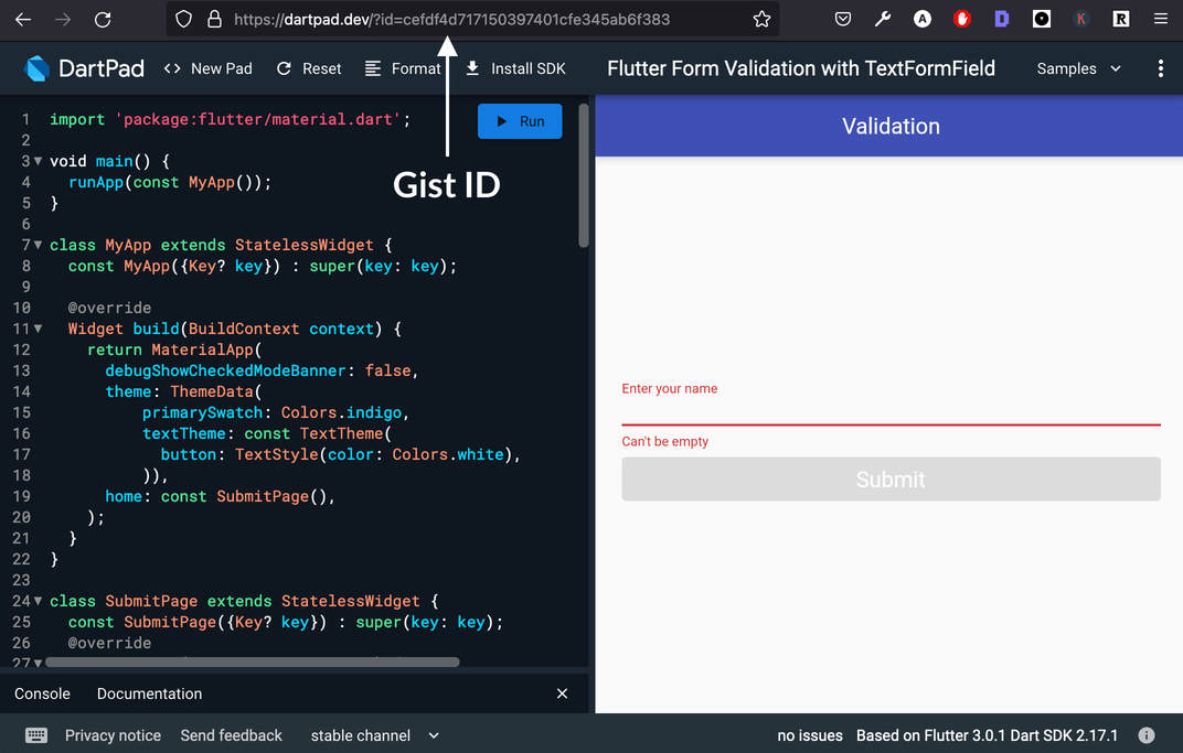 Dartpad with gist ID