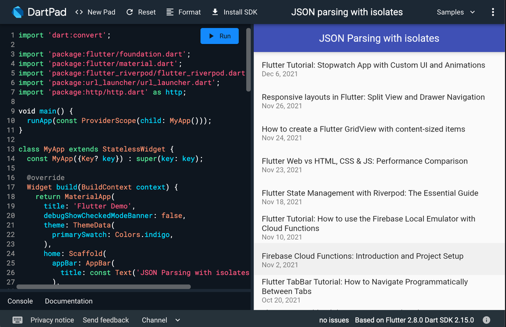 JSON Parsing with isolates on Dartpad