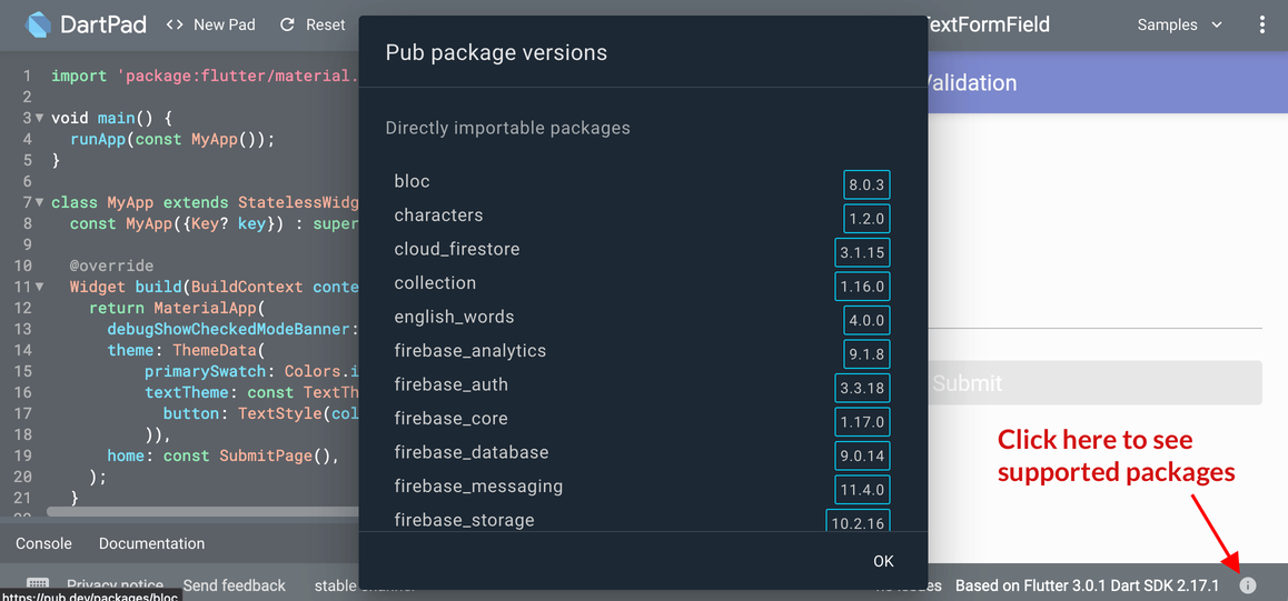 Dartpad supported packages