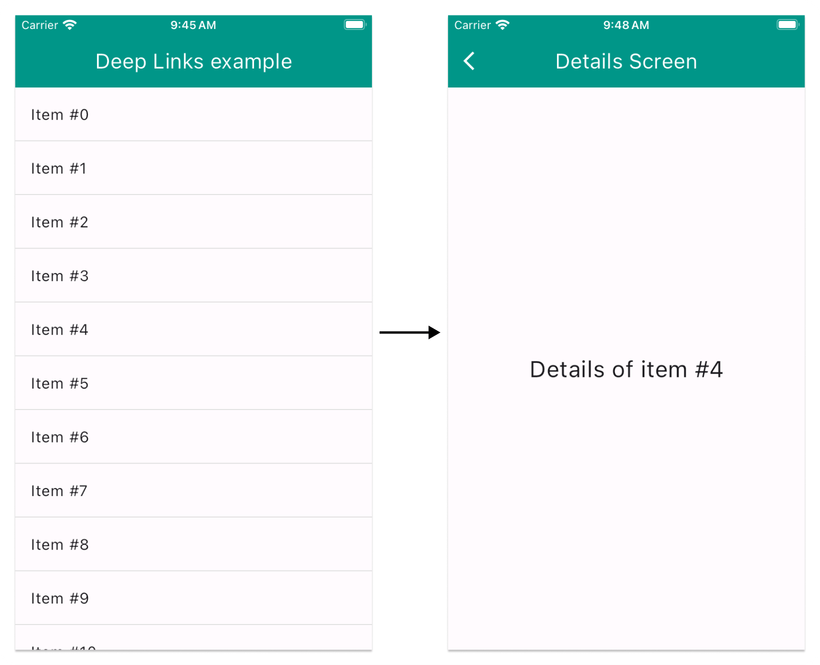 Example deep links app with a list view and a detail screen