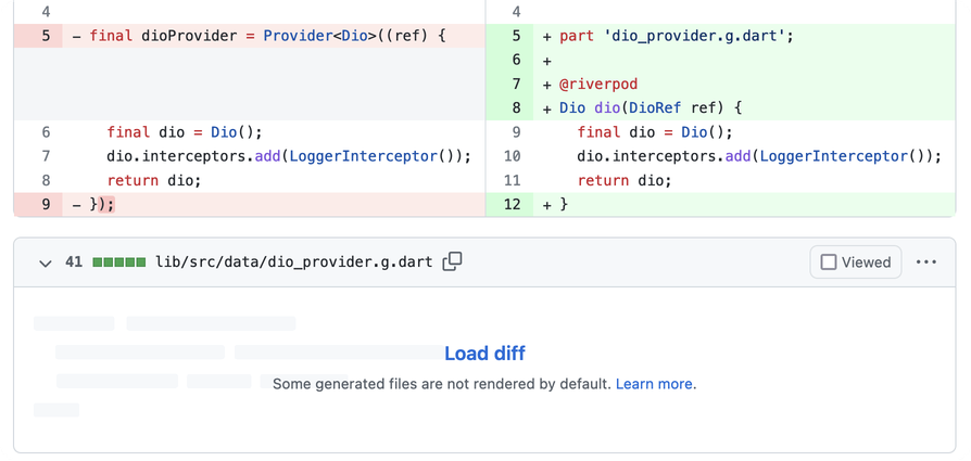 GitHub diff showing the auto-generated provider file