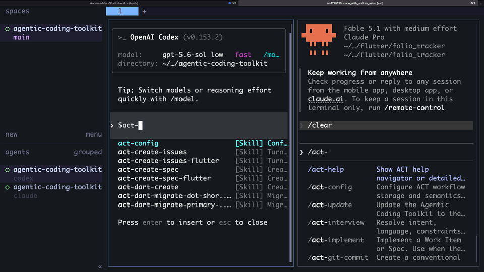 Herdr with two example agentic sessions running inside my VPS