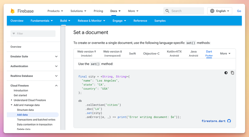 Firebase documentation with code snippets