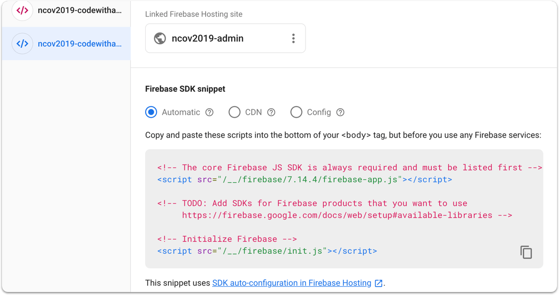 Firebase hosting setup in project settings