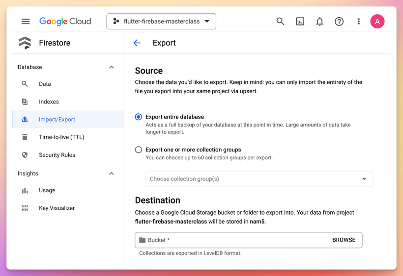 Firestore export option in the Google Cloud Console