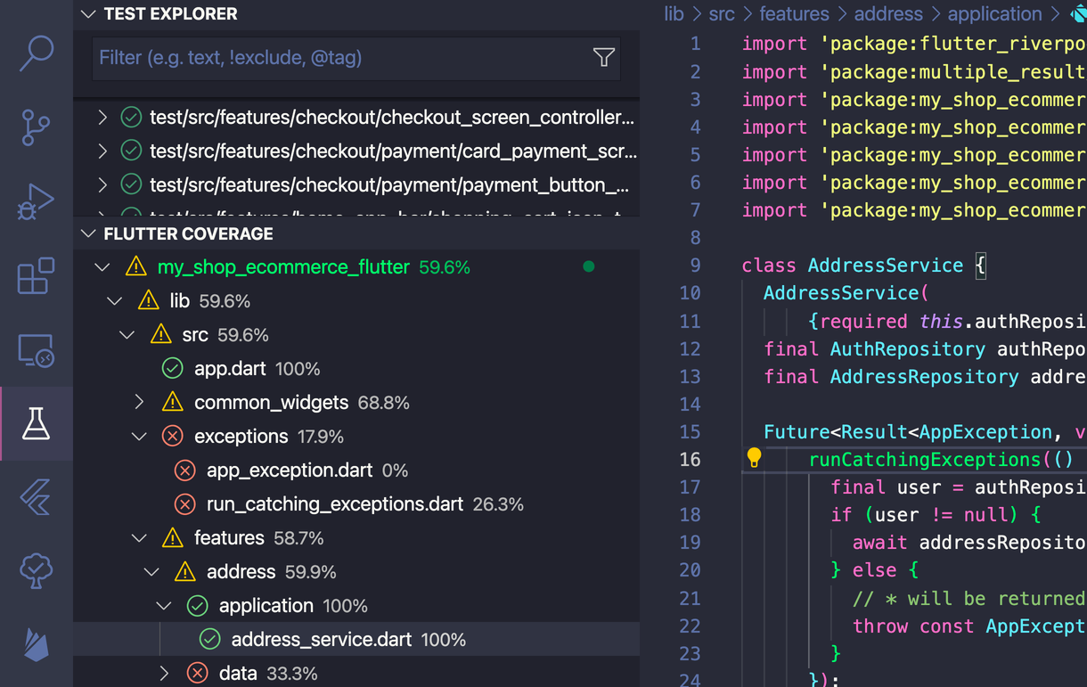 Flutter test coverage panel in VSCode