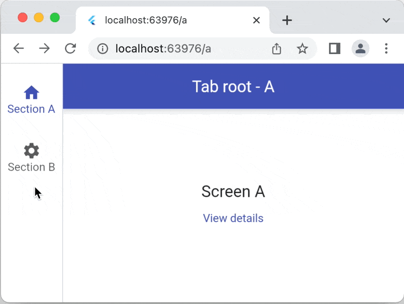 Stateful navigation on Flutter web: note how the URL is updated and the browser back button works as intended