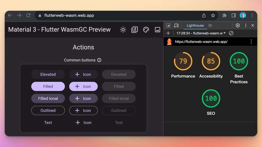 Material 3 WasmGC preview demo with a Lighthouse score of 79