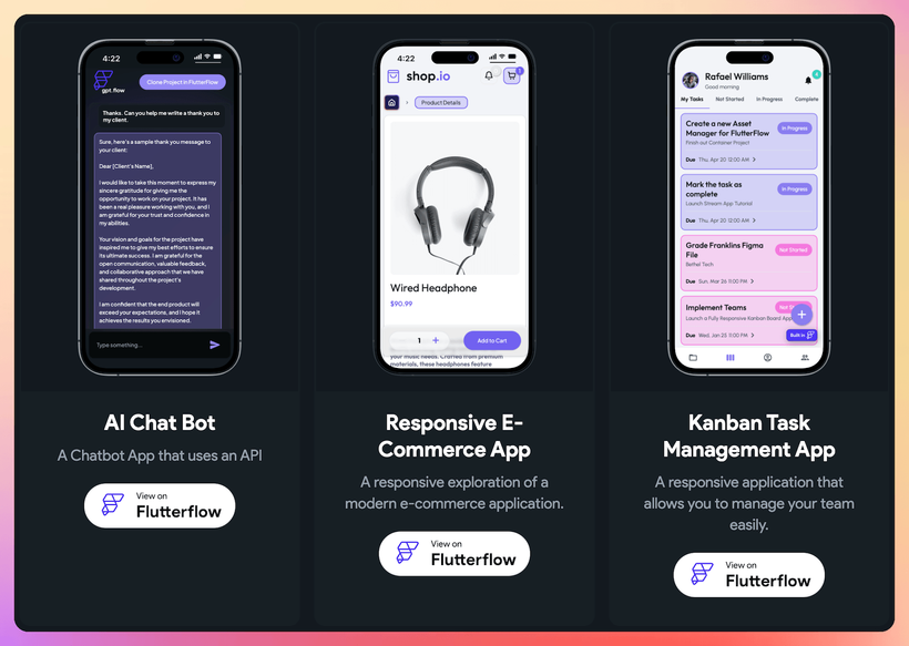 Featured example apps on the FlutterFlow homepage