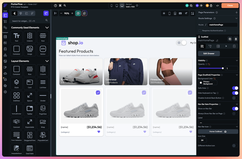Preview of the eCommerce app in FlutterFlow
