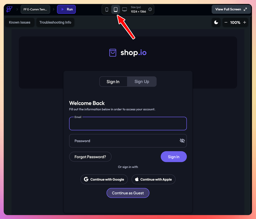 Example app running inside FlutterFlow, with toggles to choose between mobile, tablet, and desktop