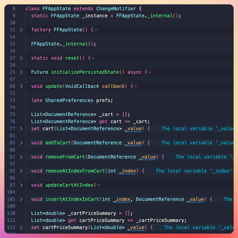 Example FFAppState class for the eCommerce app example. The entire class is 284 lines long