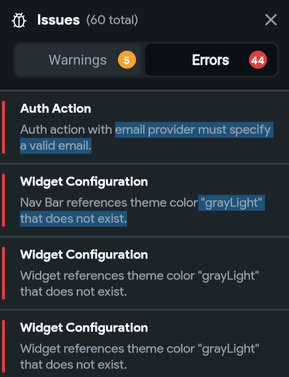 Summary of the warnings and errors in one of the template apps