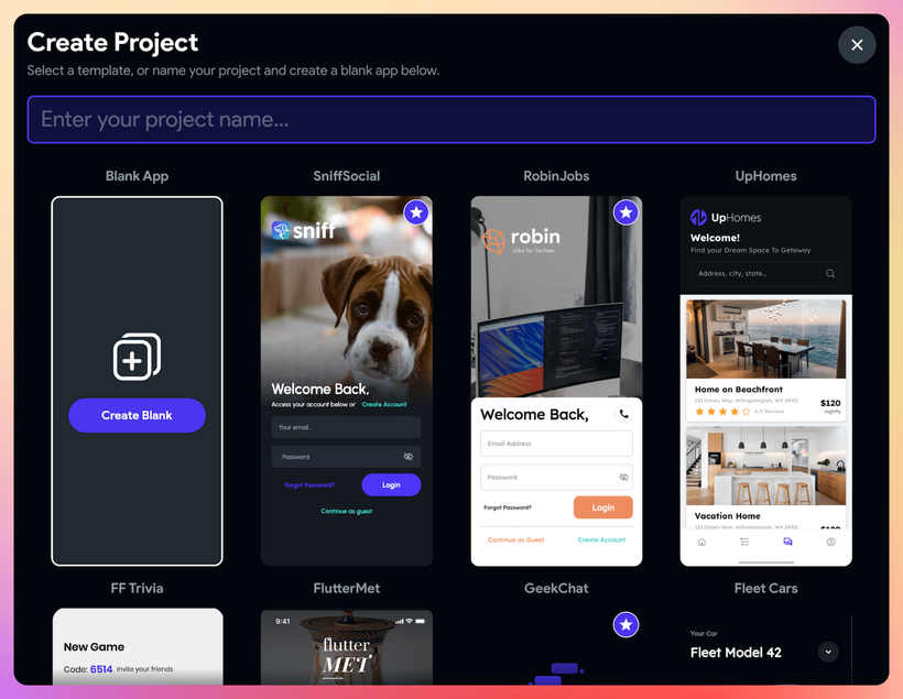 Creating a project from one of the available templates