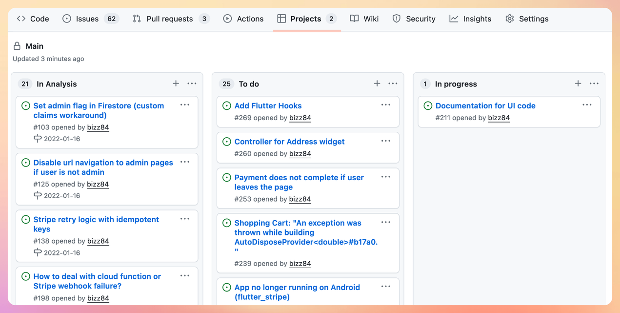 Example Kanban board in GitHub Projects