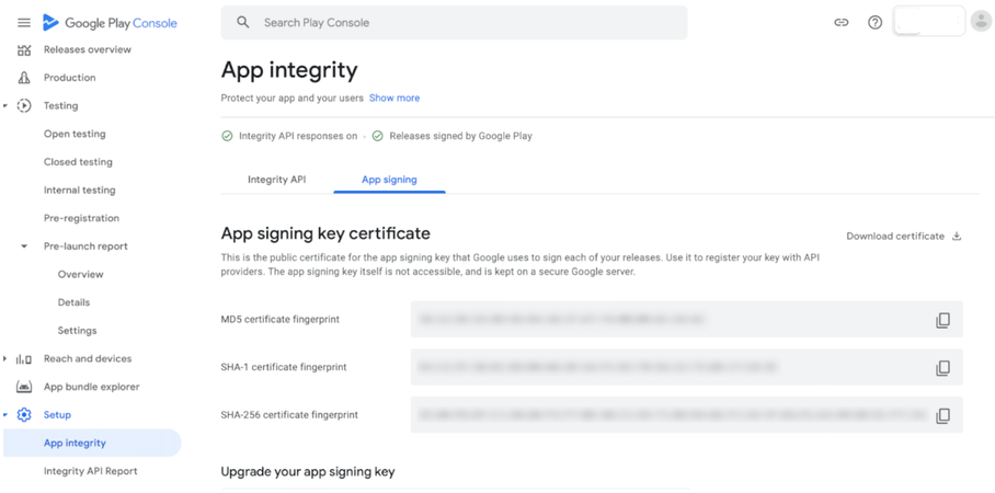 The App Signing page on the Google Play Console