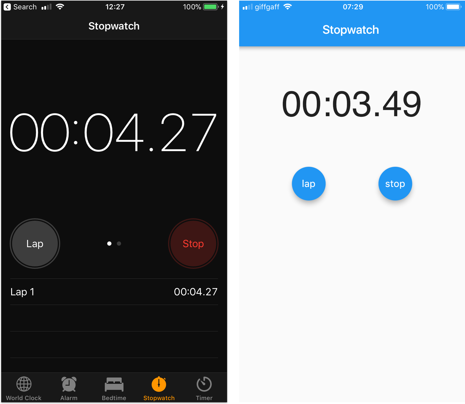 Left: iOS stopwatch app. Right: My version in Flutter. Beautiful, ain't it?