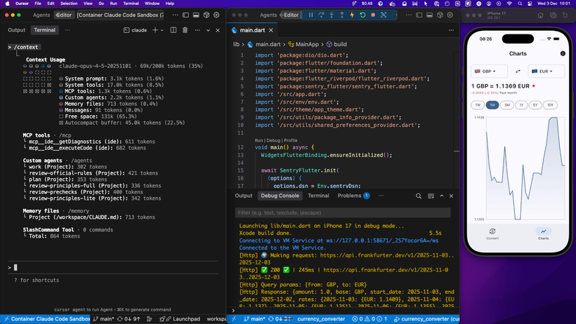 Left: Claude code within Cursor (DevContainer mode). Middle: Cursor project on the host machine. Right: iOS Simulator