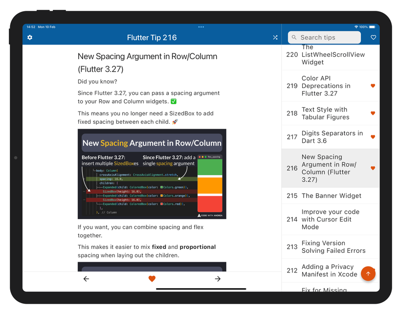 Flutter tips app on iPad, with content and navigation side by side