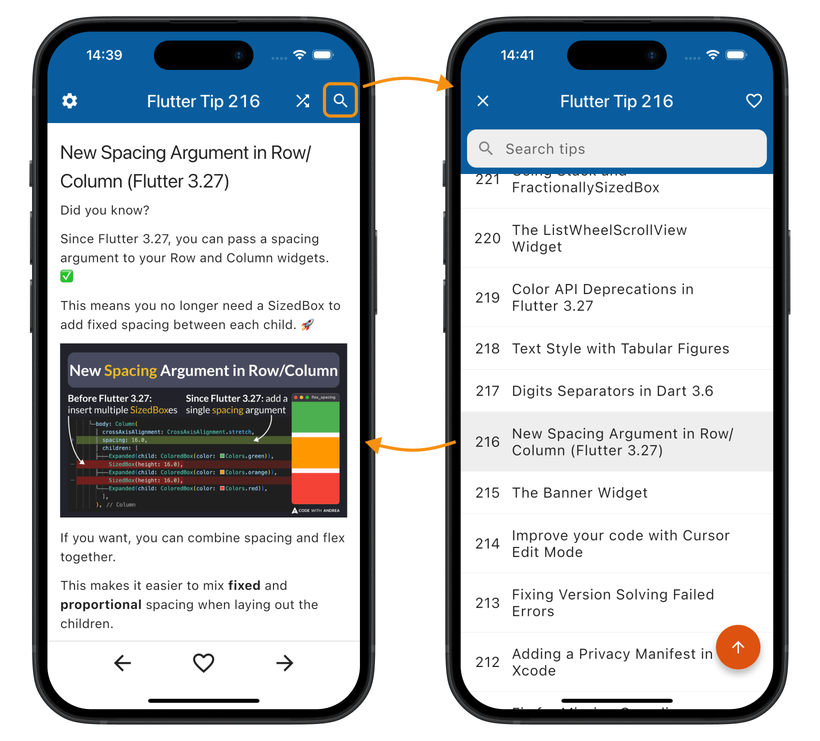 Flutter tips app on mobile, with two screens for content and tips navigation