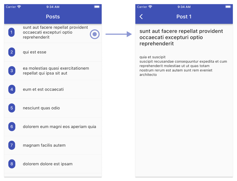Left: a ListView showing a list of posts. Right: a post detail page that is shown when we select an item from the list