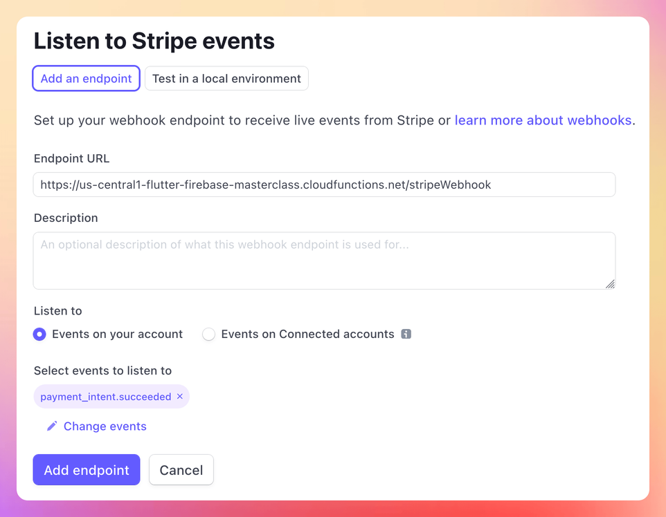 The webhook configuration page in the Stripe dashboard