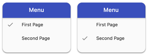 Menu selection: the checkmark updates when a page is selected
