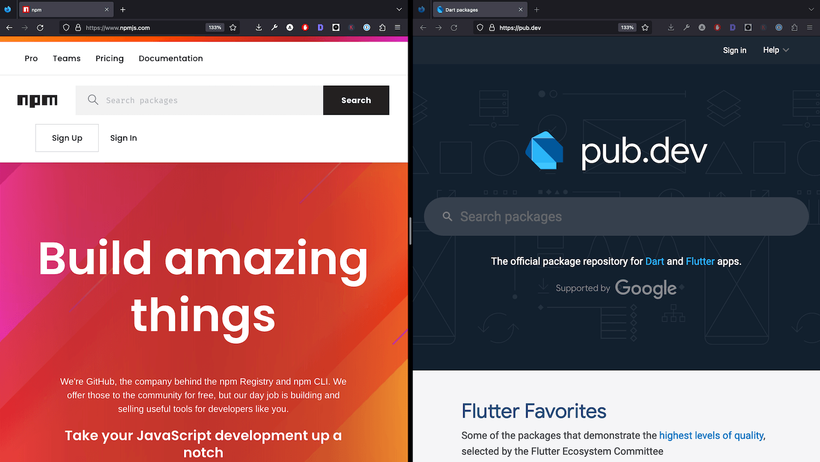 npmjs package manager (left), pub.dev (right)